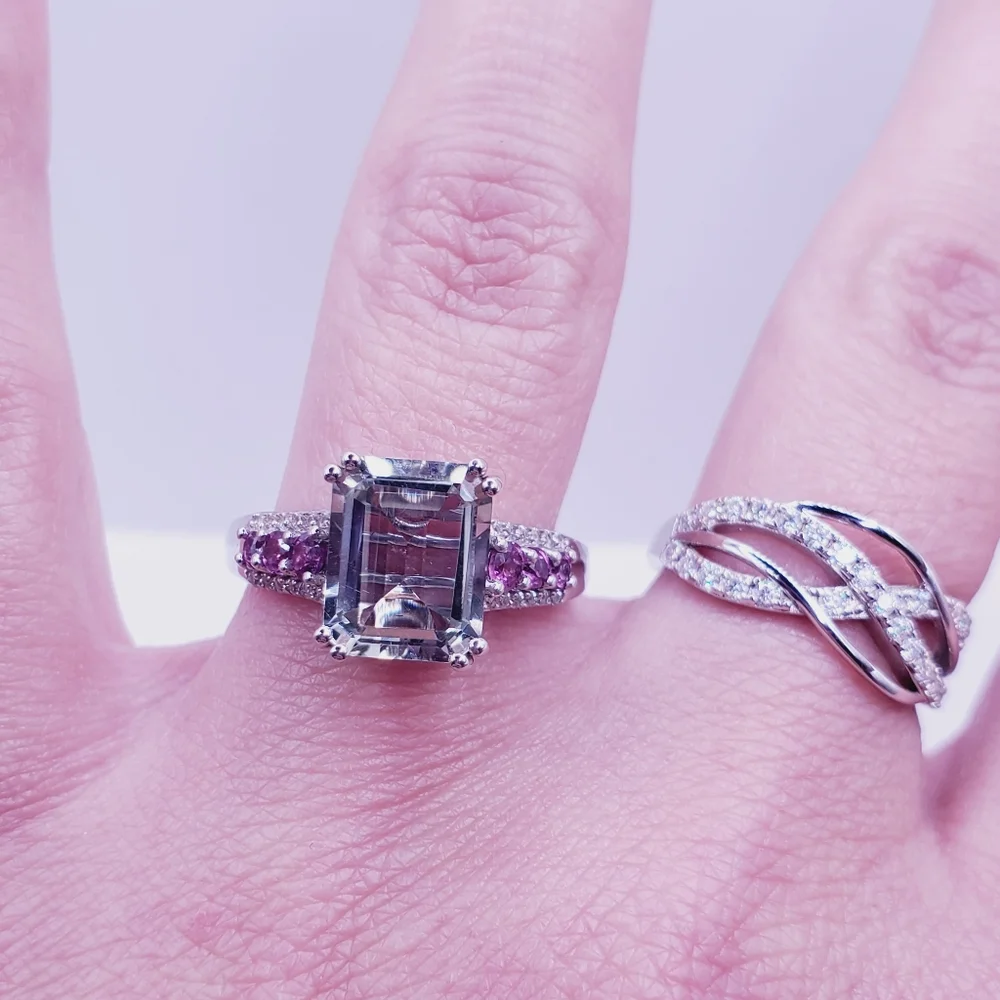 Emerald Cut Montezuma Prasiolite & Pink Tourmaline 925 Sterling Silver Ring